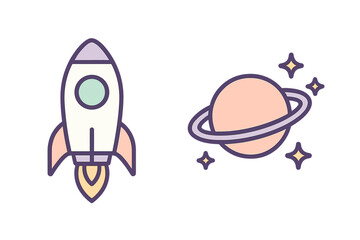 Simple icons of a space rocket ship launching and a ringed planet with sparkling stars