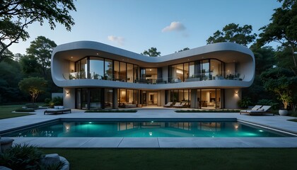 Fototapeta premium Organic modern villa in silver-gray and emerald tones, soft evening lighting