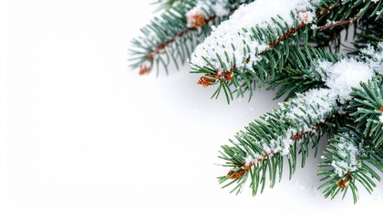 Snow-covered evergreen branches during winter, symbolizing the holiday season and cold weather