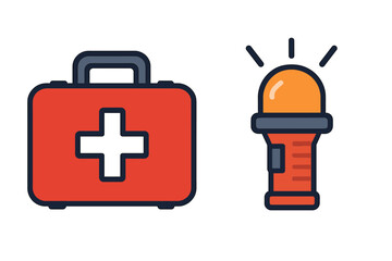 Essential emergency supplies including a medical kit and a bright safety light