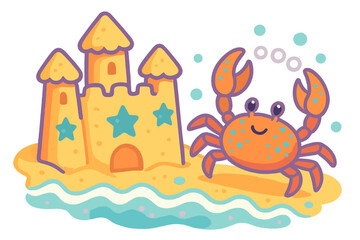 Cute smiling crab standing next to a large sandcastle on a sunny beach with ocean waves and bubbles