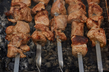 Large pieces of pork being grilled on skewers over hot charcoal. Delicious barbecue with a golden crust cooking outdoors during a picnic or countryside gathering.