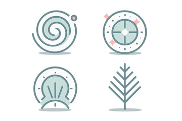 Abstract geometric symbols collection featuring a swirling vortex, target, seashell, and stylized evergreen branch