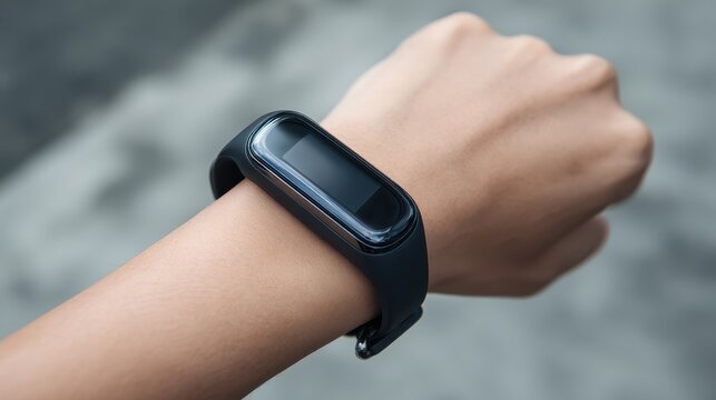 Sleek fitness tracker device on a human wrist showcasing modern technology and health monitoring features in an outdoor setting