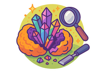 Vibrant gemstone cluster formation, magnifying glass, and chisel tool for geology research