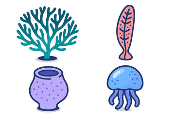 Colorful underwater organisms including branching coral, sea sponge, jellyfish, and marine plant life