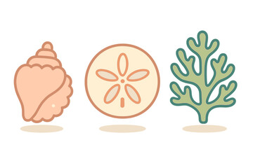 Pastel minimalist marine life elements including seashell, sand dollar, and sea plant
