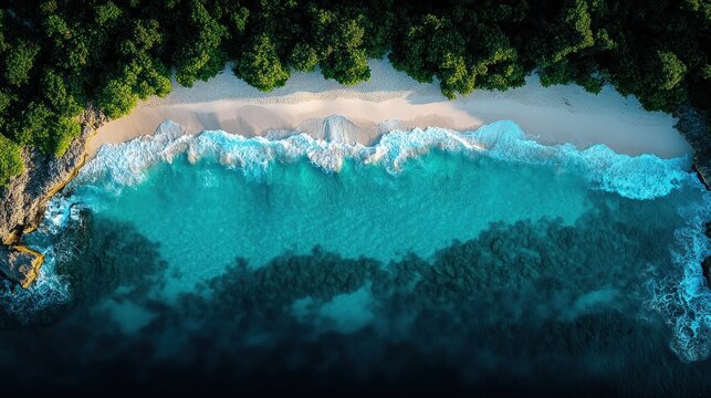 Aerial view of a tropical beach framed by lush greenery - Powered by Adobe