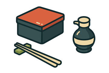 Traditional Japanese bento box lunch set with soy sauce dispenser and chopsticks