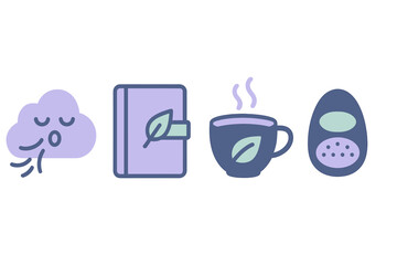 Daily wellness and comfort items including cloud, journal, hot drink, and electronic device