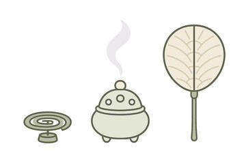Traditional Japanese summer items set: spiral mosquito coil, smoking incense burner, and round hand fan