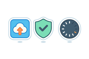 Cloud data upload security shield and performance speed timer interface icons