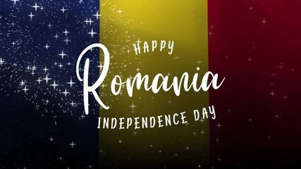 Happy romania independence day text animation with waving flag and fireworks, perfect for patriotic designs, national holiday promotions, social media posts, and educational content.