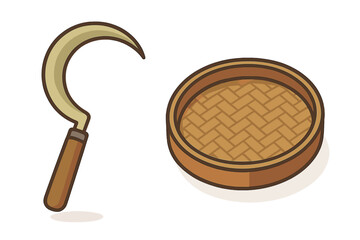 Agricultural sickle tool with wooden handle next to a round woven bamboo winnowing tray