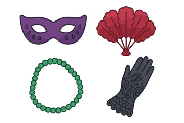 Festive collection of Mardi Gras and masquerade accessories including mask, fan, beads, and glove