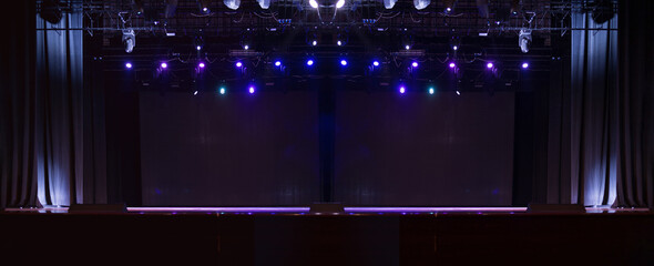 scene, stage light with colored spotlights and smoke