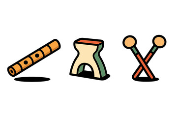 Stylized icon set of traditional musical instruments: wooden flute, stool, and crossed mallets