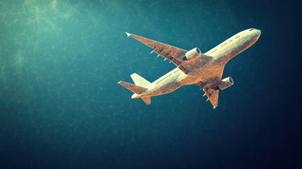 Airplane in flight, digital network background