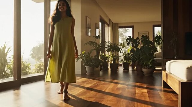 Full Shot of Happy Indian Woman Walking Barefoot on Wooden Floor in Sunny Indoor Garden.