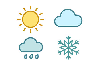 Colorful set of four weather forecast symbols: sun, cloud, rain, and snowflake
