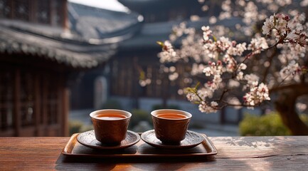 Two small, dark teacups filled with amber liquid sit on a wooden tray, bathed in sunlight, in front of a traditional Chinese temple and flowering trees