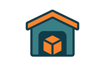 Warehouse building icon with large package representing logistics and inventory management