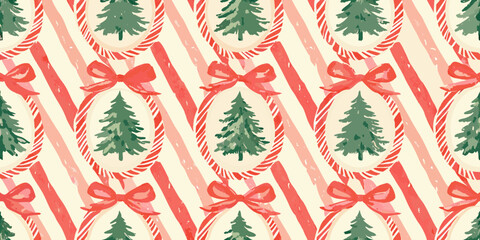 Whimsical christmas pattern featuring candy cane stripes festive trees and red bows