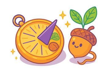 Shiny golden sundial with purple gnomon beside a cheerful acorn mascot sprouting fresh green leaves