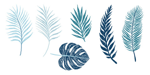 Hand drawn tropical leaves silhouette isolated on the tee print design vector set.