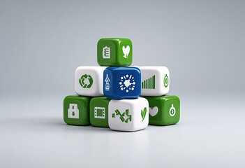 Stacked cubes, green and blue, with diverse icons