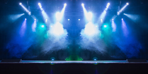 scene, stage light with colored spotlights and smoke