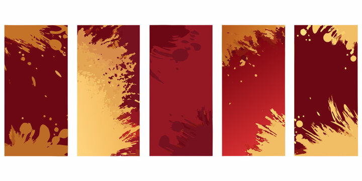 Abstract grunge paint splatters and splashes in warm tones on dark red backgrounds