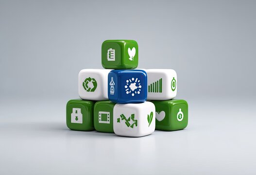 Stacked cubes, green and blue, with diverse icons