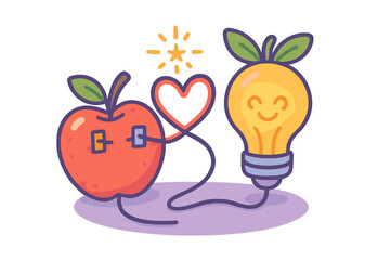 Red apple connected by a heart wire to a glowing lightbulb symbolizing energy