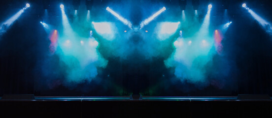 scene, stage light with colored spotlights and smoke