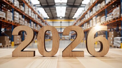 A business and logistics concept for the year 2026 with wooden numerals in a warehouse - Powered by Adobe