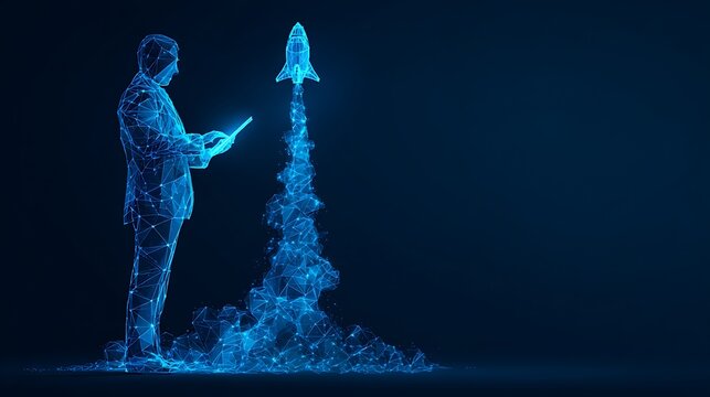 An abstract businessman is holding a tablet with Rocket launching a hologram. Digital Boosting or Start-Up Concept. Futuristic low poly user in technological blue. Vector 3D illustration. 
