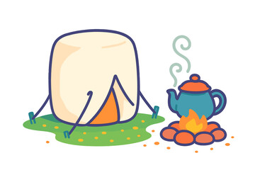 Cozy camping setup featuring a small tent pitched next to a warm campfire and a steaming teapot