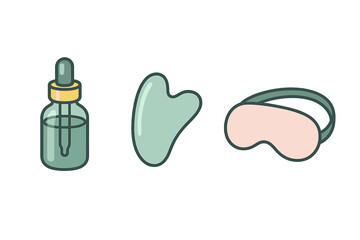 Skincare routine essentials set with dropper bottle, facial massage tool, and sleep mask