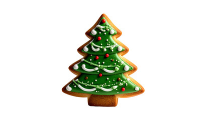 Naklejka premium A delicious gingerbread cookie shaped like a Christmas tree, beautifully decorated with icing and festive sprinkles
