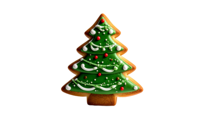 A delicious gingerbread cookie shaped like a Christmas tree, beautifully decorated with icing and festive sprinkles