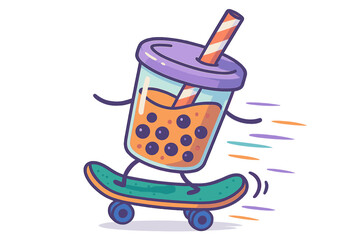 Cheerful bubble tea mascot character riding a skateboard with speed lines