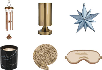 Decorative object set, wind chime, candle holders, star ornament, rope coil, sleep mask, home decor, cad drawing flat vector illustration