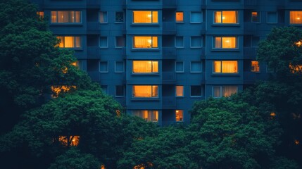Apartment building at night, trees in foreground
