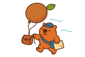 Cute cartoon bear postman delivering mail while carrying a large fruit balloon and satchel