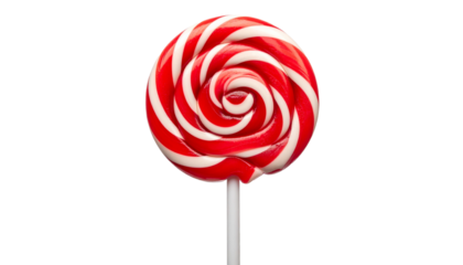 A Swirly, red and white lollipop on a stick. It has a beautiful spiral pattern that is both fun and inviting.