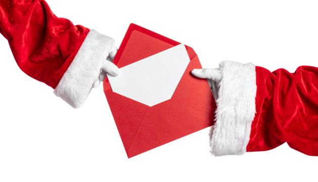 Close up of two hands, dressed in a red coat with a white trim, holding a red envelope