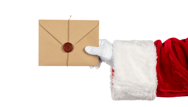 Close-up shot of a hand wearing a glove holding a letter with a wax seal