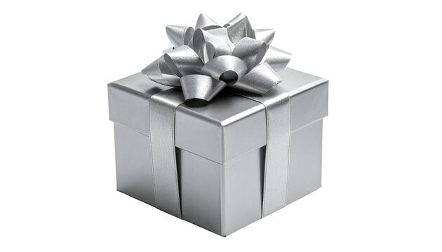 A silver gift box tied with a decorative silver bow
