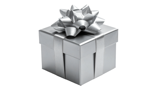 A silver gift box tied with a decorative silver bow
